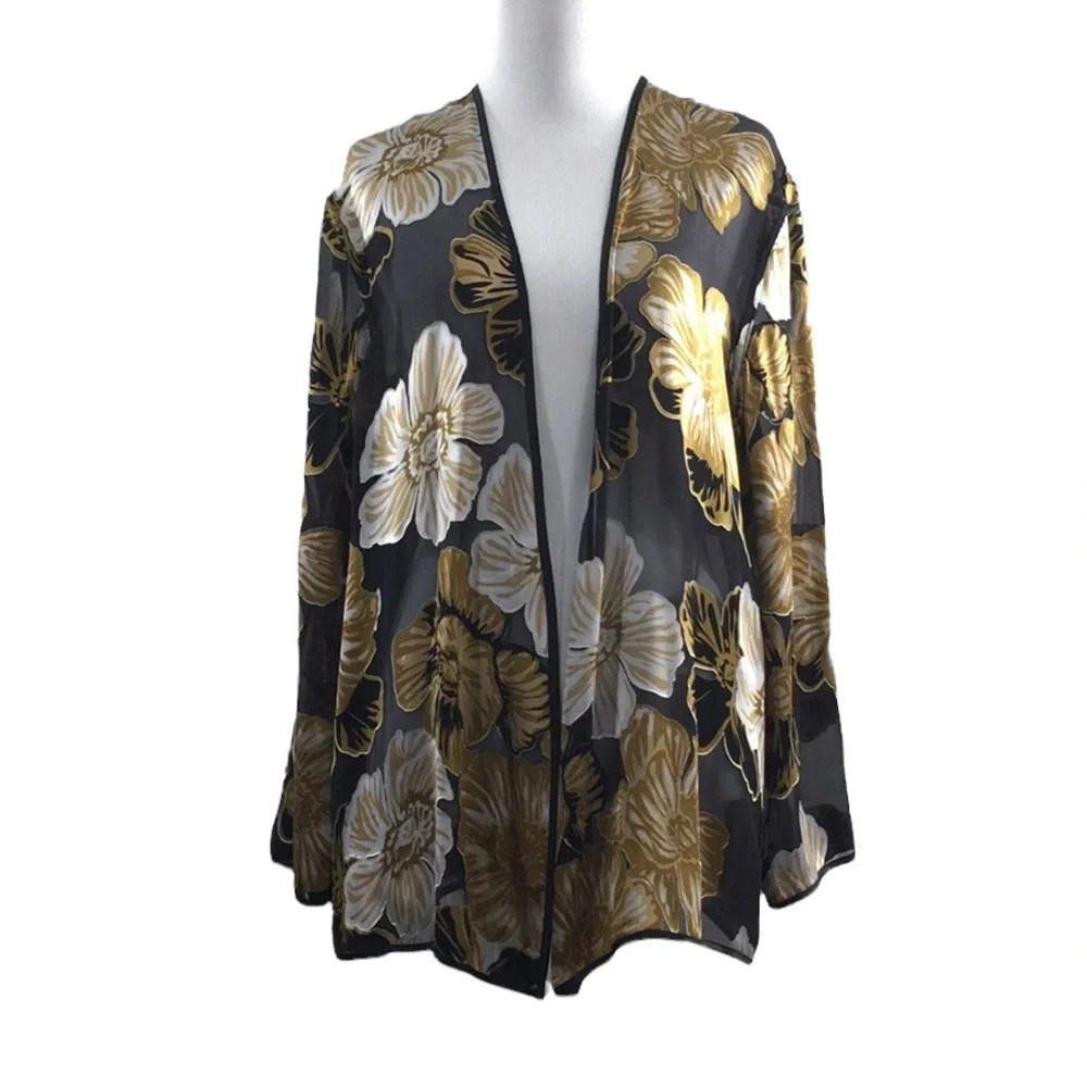Pineapple Moon Black Cream Floral Silk Cardigan Top Womens Small Open Front